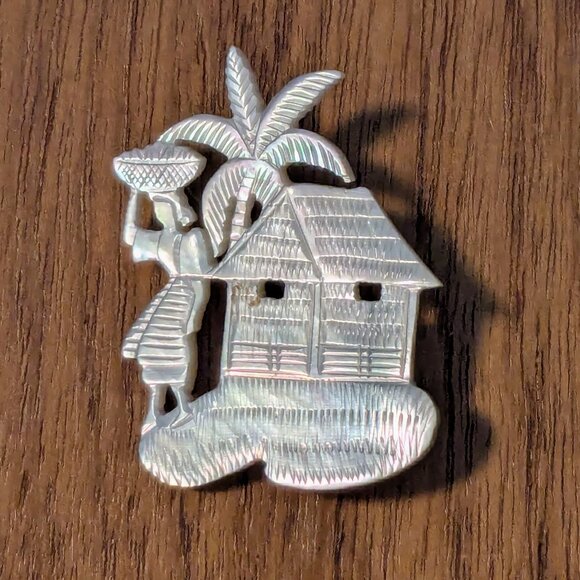 Jewelry - Vintage Carved Mother of Pearl Brooch Pin - Filipino Folk Art from Philippines